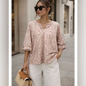 Chico’s 100% Cotton Embroidered Blouse Top size 3 (US 16) Roll Sleeve Tan Brown